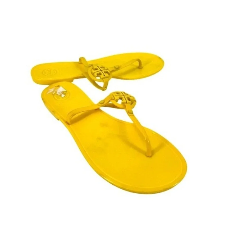Tory Burch Mini‎ Miller Jelly Thong Sandals Yellow Logo Flat Flip Flops Womens 7